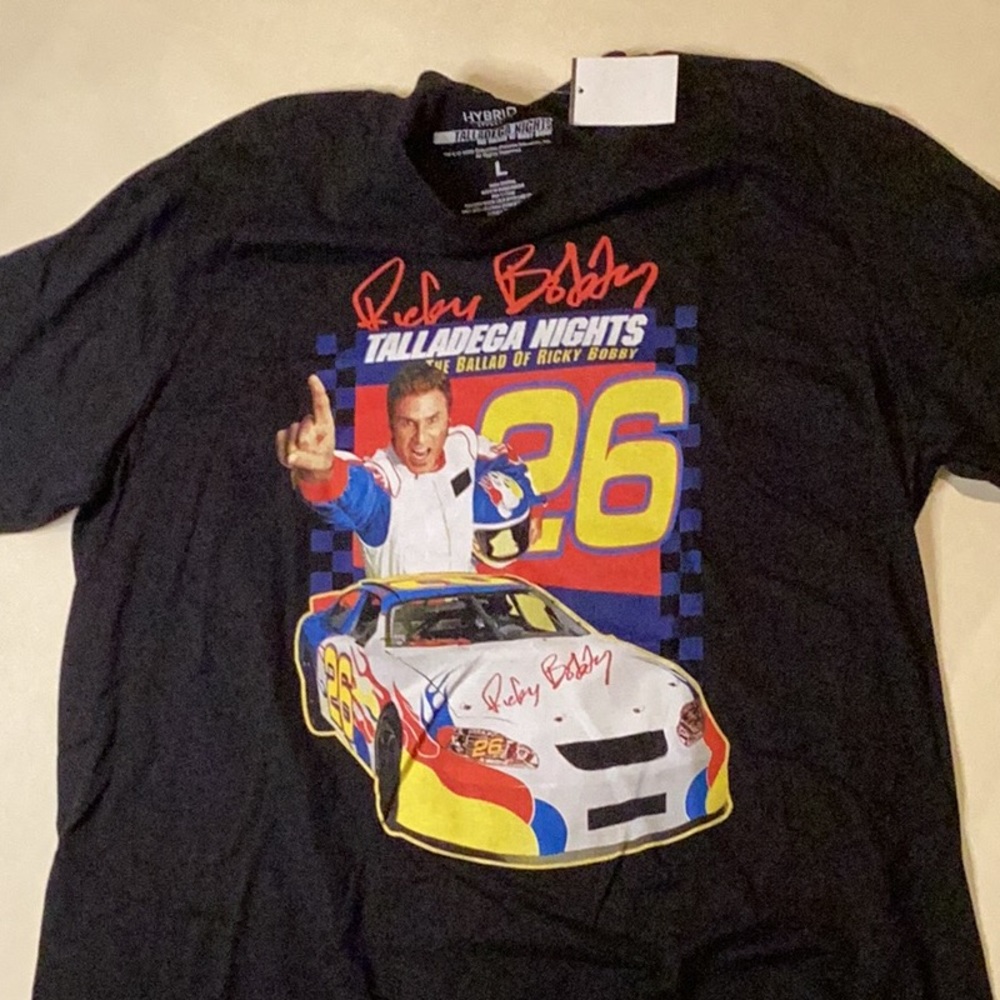 8. HYBRID APPAREL MEN’S Talladega Nights Ricky Bobby T shirt SZ. L